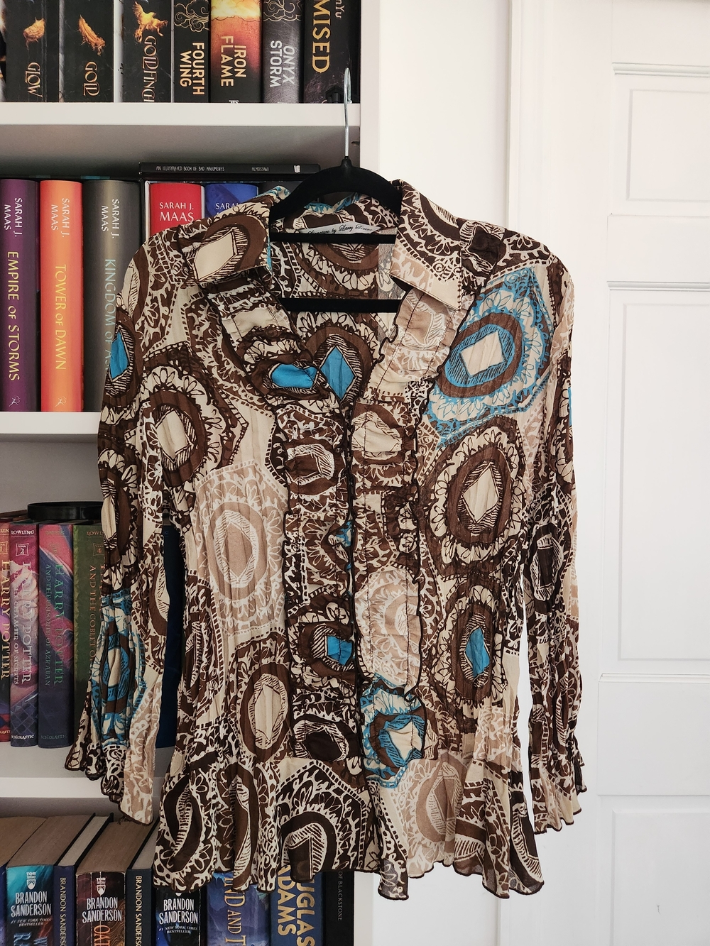 Brown & Blue Printed Ruffle-Front Women's Blouse